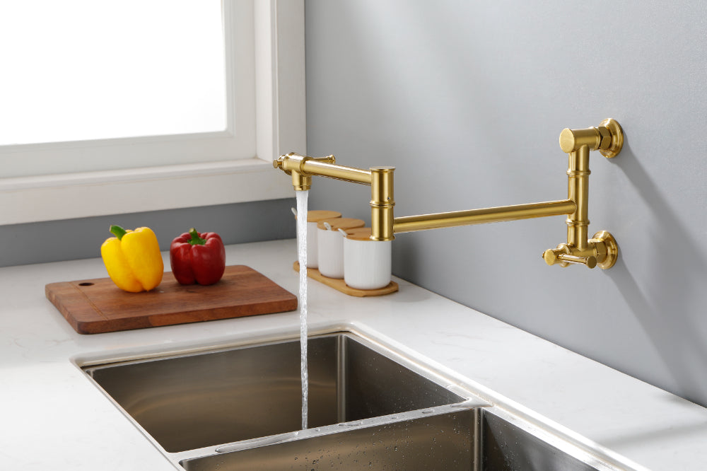 Wall Mounted Pot Filler Faucet โ Brushed Gold, Two-Attachment Folding Swing Arm, Dual Handle, Solid Brass