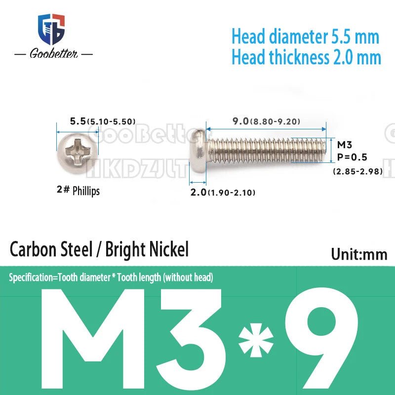 M3 Phillips Round Pan Head Machine Screws — Carbon Steel, 4–30mm, 100–500 PCS - HomeDIYer
