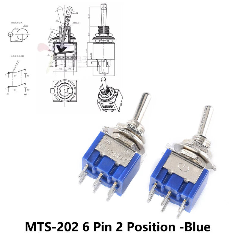 MTS Series Toggle Switch 3–12 Pin | On-On / On-Off-On | Blue & Red