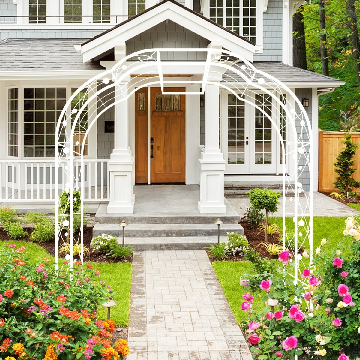 Metal Garden Arch W74.4'' x H98.4'' Garden Arbor Trellis Climbing Plants Support Rose Arch Outdoor Arch Cream White - HomeDIYer