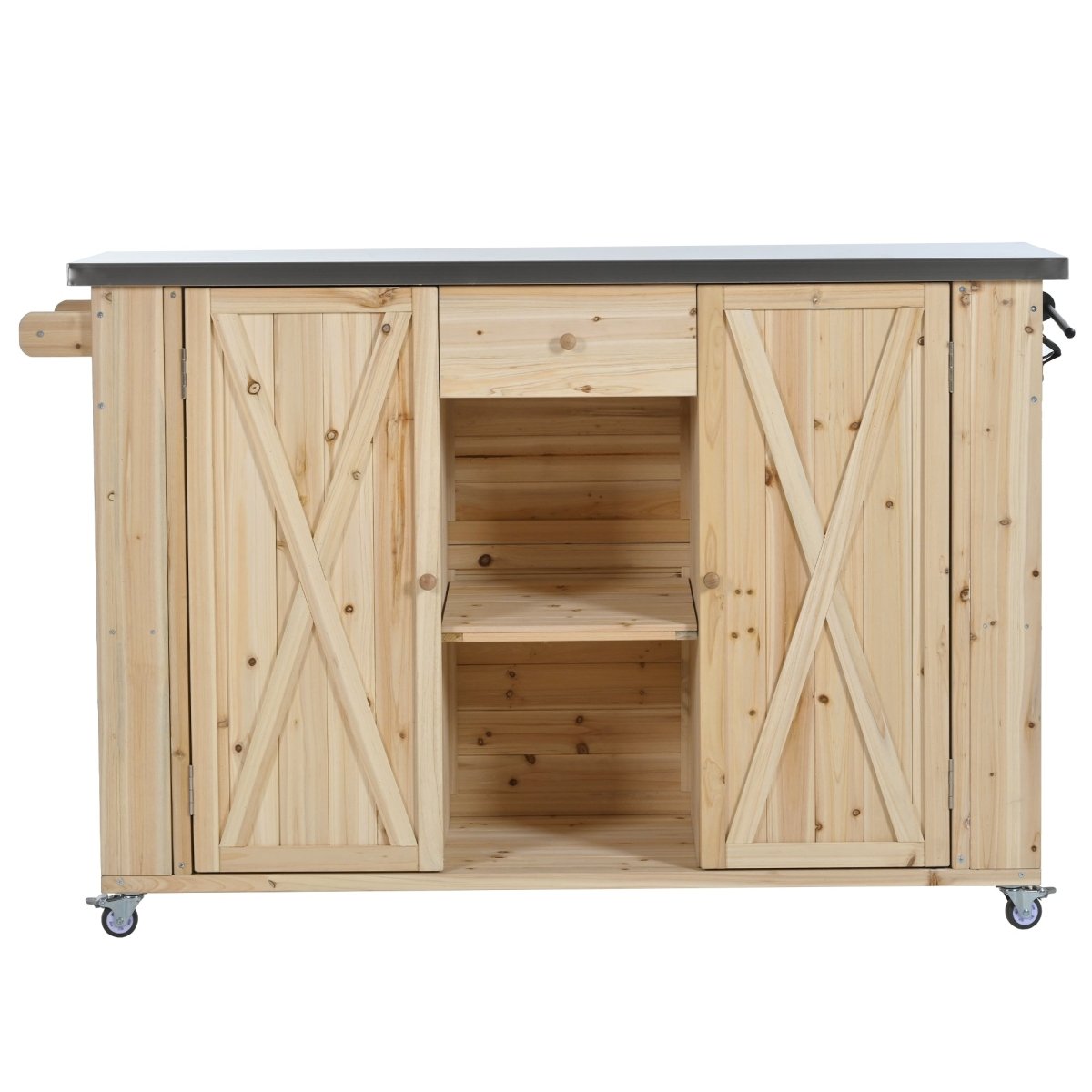 Natural Wood Outdoor Kitchen Island with Stainless Steel Top | Foldable Prep Station - HomeDIYer