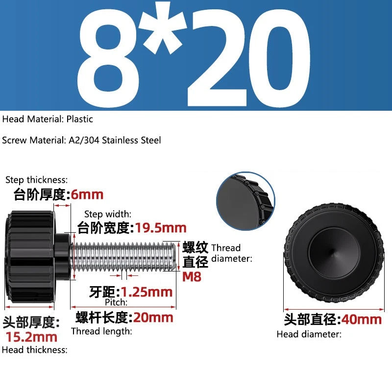 M3-M8 A2/304 Stainless Steel Plastic Knob Thumb Screws Hand Twist DIY Machinery