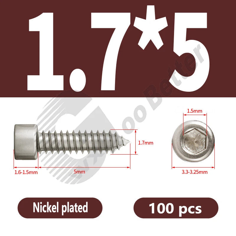 M1.7 M2 M2.3 M2.6 M3 M3.5 M4 M5 M6 Socket Head Self‑Tapping Screws – Alloy Steel, Nickel or Black Zinc
