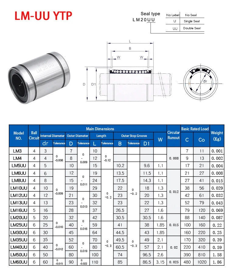 Linear Motion Ball Bearing LM3UU~LM60UU Slide Open Bushing Motion Ball Bearings