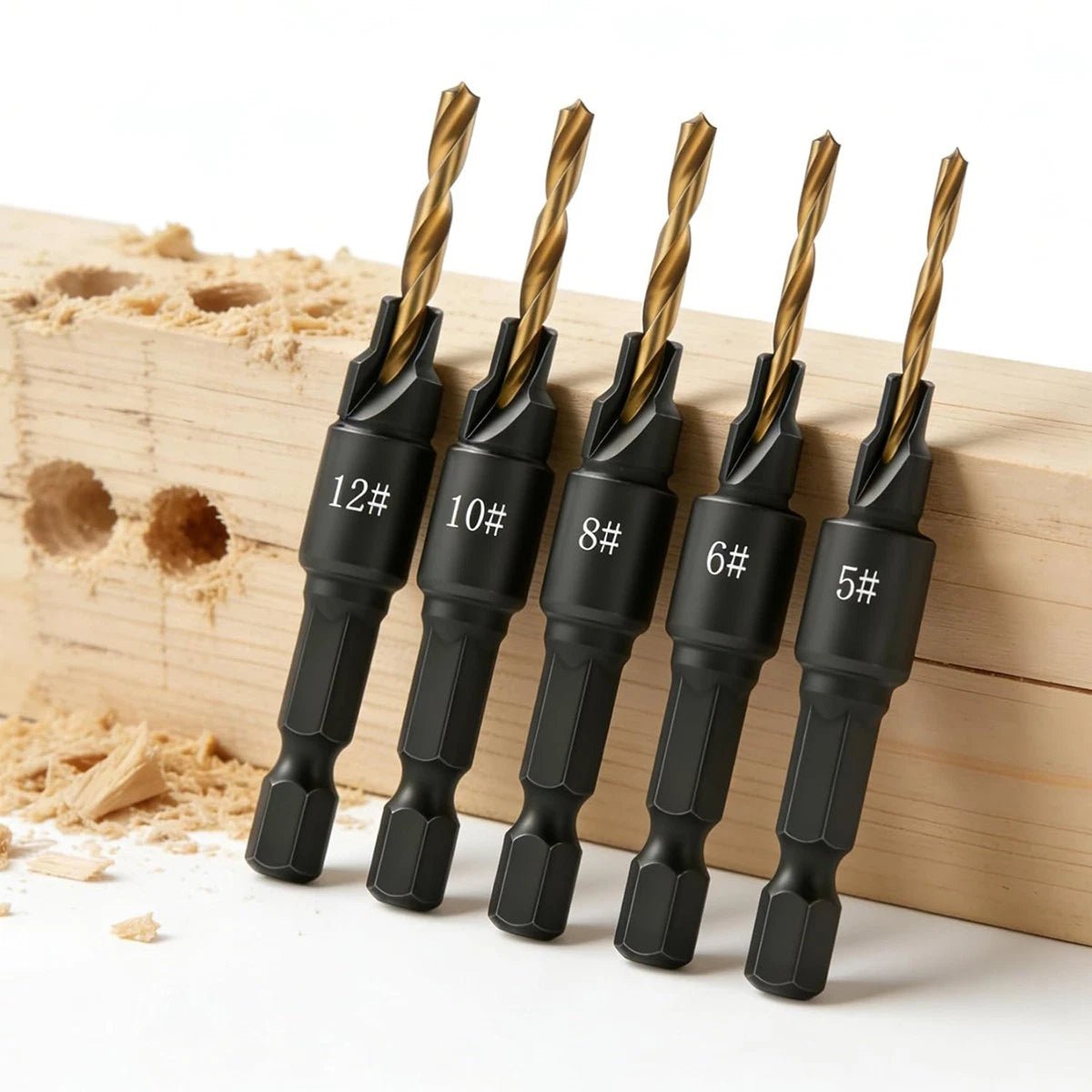 5Pcs HSS Countersink Drill Bit Set – 1/4" Hex Shank, Self - Centering Pilot Holes for Wood & Plastic (5 6 8 10 12 14) - HomeDIYer