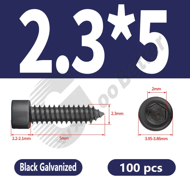 M1.7 M2 M2.3 M2.6 M3 M3.5 M4 M5 M6 Socket Head Self‑Tapping Screws – Alloy Steel, Nickel or Black Zinc