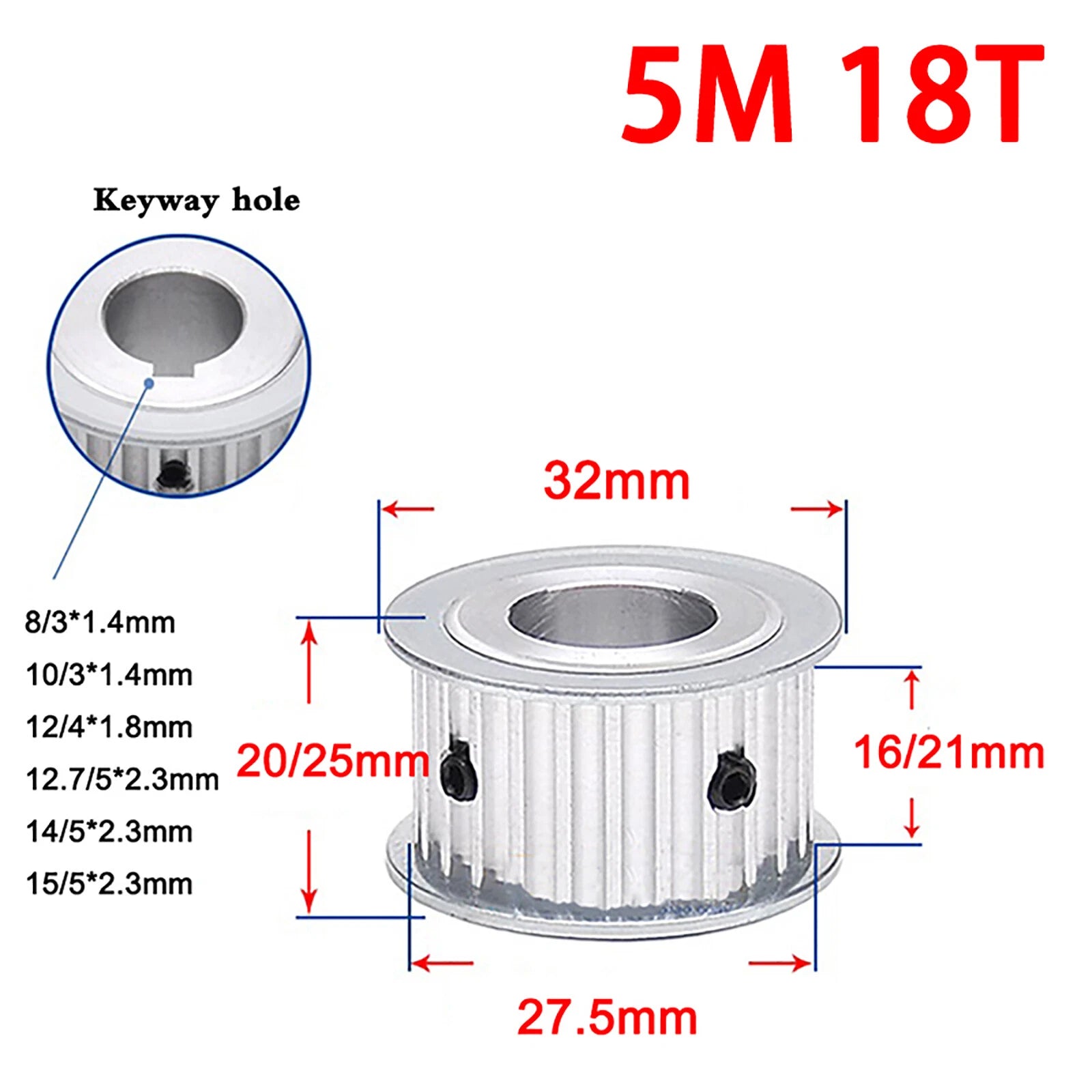 5M Timing Belt Pulley Drive Pulley Through Hole 10T -100 Tooth 21mm Width For 3D