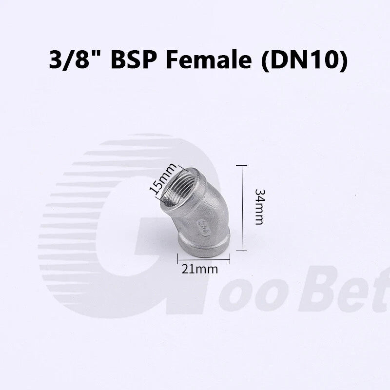 Stainless Steel 45° Elbow BSP Female Threaded Pipe Fitting — 304 SS, 1/8" to 2" (DN6–DN50)