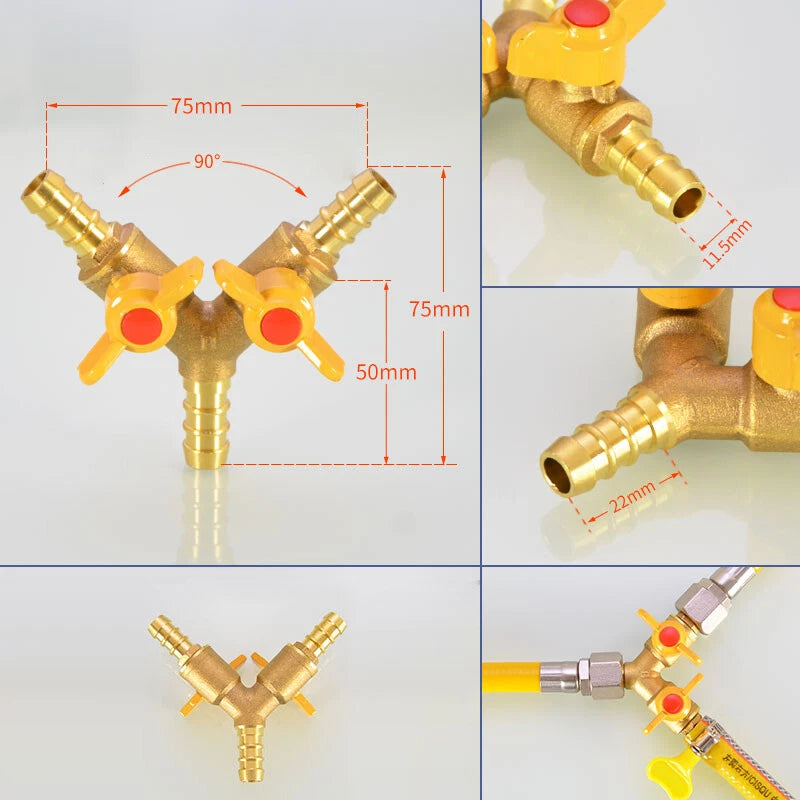 1/2" Brass 3-Way Ball Valve — Shut-Off Pipe Fitting with M1/2" & Hose Barb Ends