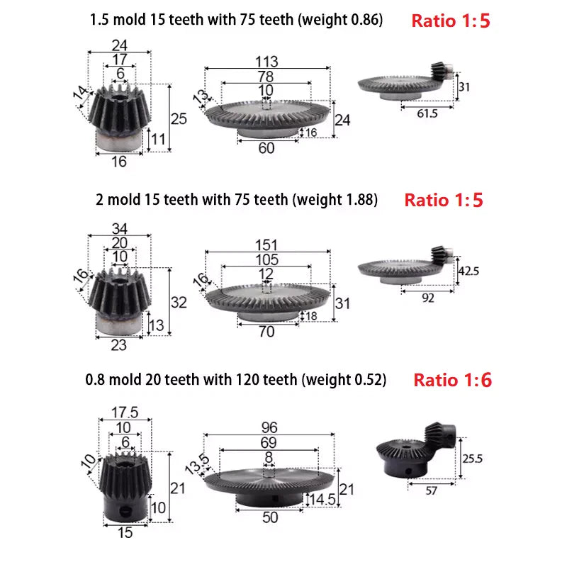 0.8 - 2.5 Mod Pair Bevel Gear 15-160 Teeth Transmission Gears C45 Steel 1:3-1:8