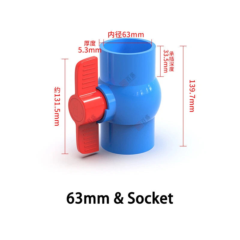 PVC Pipe Fittings 20mm-110mm Ball Valve Socket Solvent Weld-Female Thread Blue