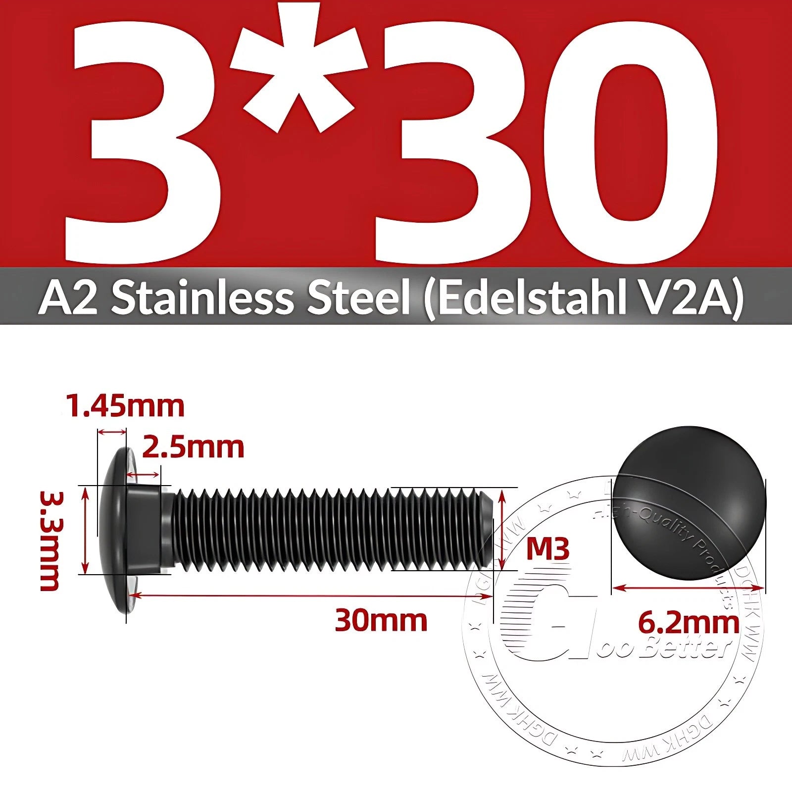 Black Stainless Steel Carriage Bolts M3–M12 | A2 Cup Square Dome Screws