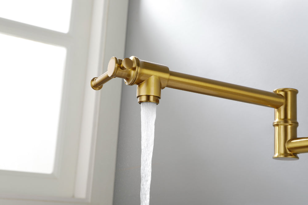 Wall Mounted Pot Filler Faucet โ Brushed Gold, Two-Attachment Folding Swing Arm, Dual Handle, Solid Brass