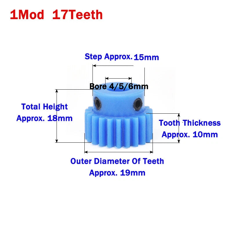 1 Mod Blue Nylon Spur Gear 16-50T Bore 4-20mm Pinion Gear Motor Gear With Step