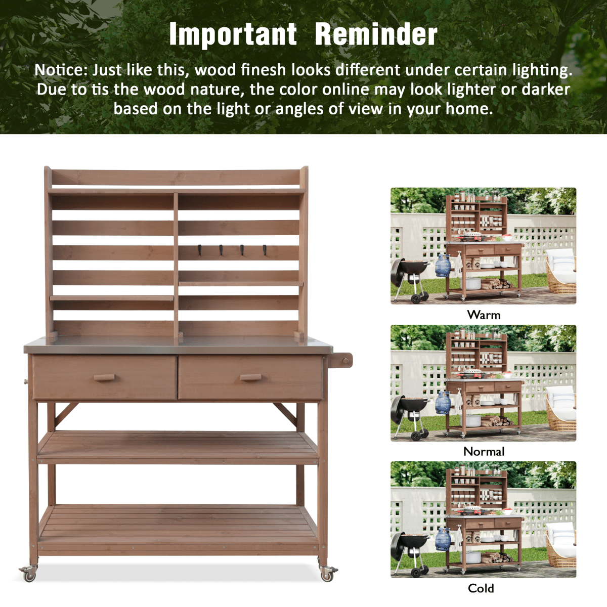 64.9"H Outdoor Potting Bench Table with Lockable Wheels, Solid Wood Outdoor Kitchen Island with Upper Hutch, Stainless Steel Top, Towel Rack ,Outdoor Storage for Grilling, Lawn Garden - Brown - HomeDIYer