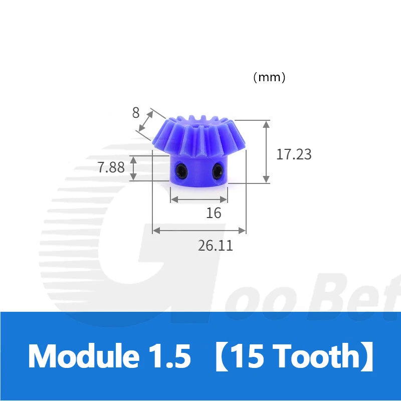 Module 1.5 Straight Bevel Gear Nylon 15 - 40 Tooth 1:2 Pairing 6-20mm Bore Blue