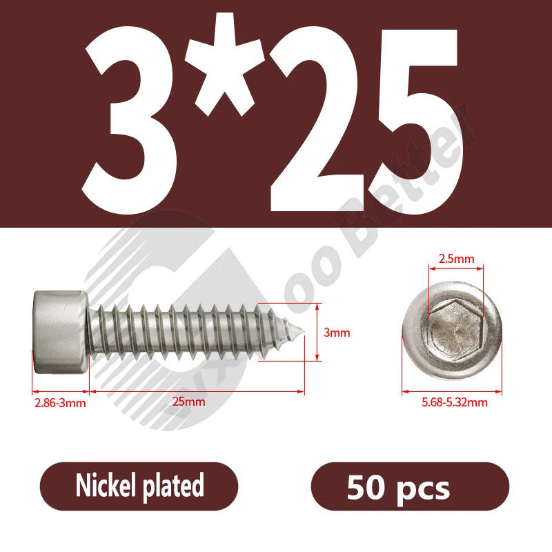 M1.7 M2 M2.3 M2.6 M3 M3.5 M4 M5 M6 Socket Head Self‑Tapping Screws – Alloy Steel, Nickel or Black Zinc