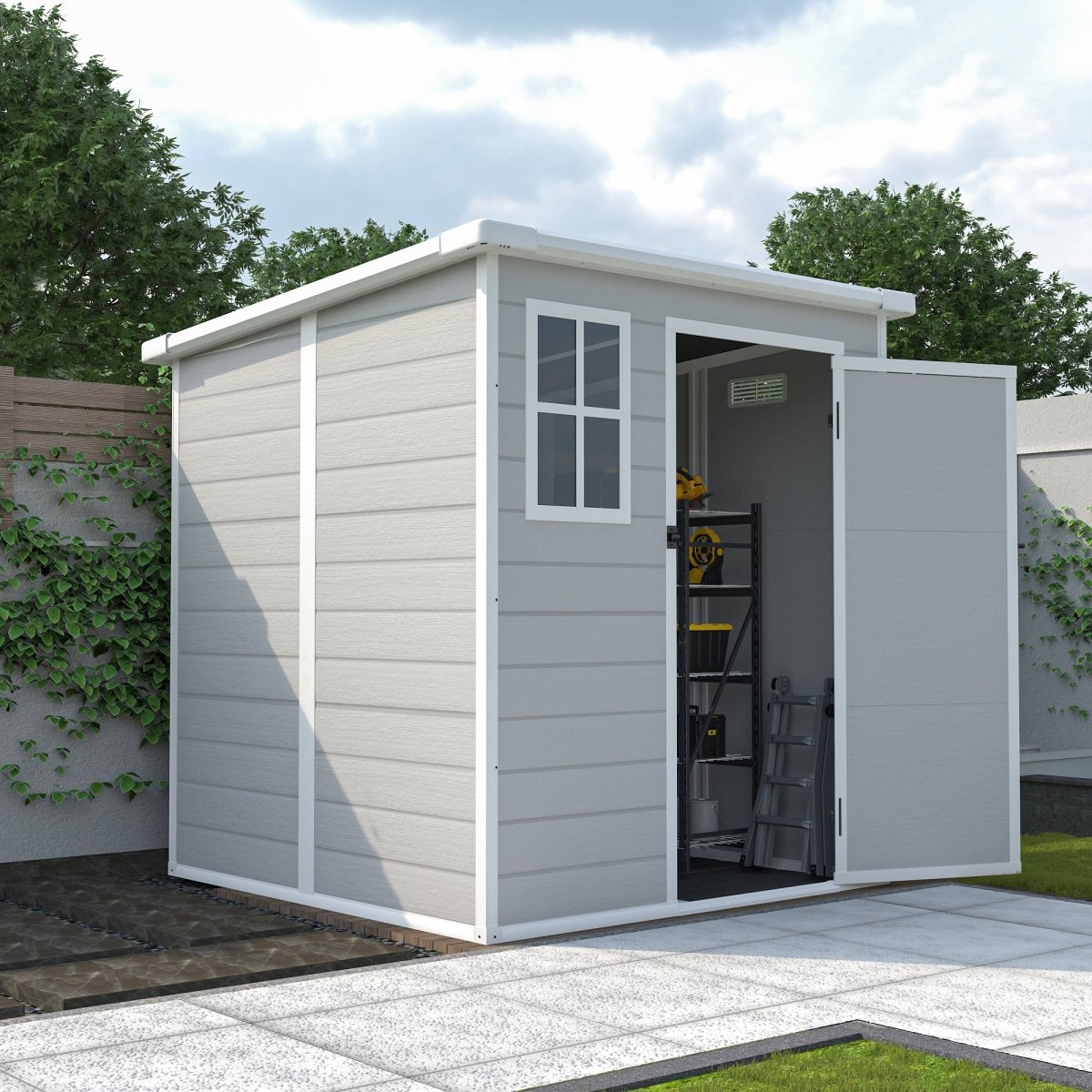 6x6 FT Storage Shed, Waterproof Resin Outdoor Storage Shed with Floor & Window & Lockable Doors and Vents, Tool Shed for Bike, Garden, Backyard,Lawn, All Weather Use, Light Grey - HomeDIYer