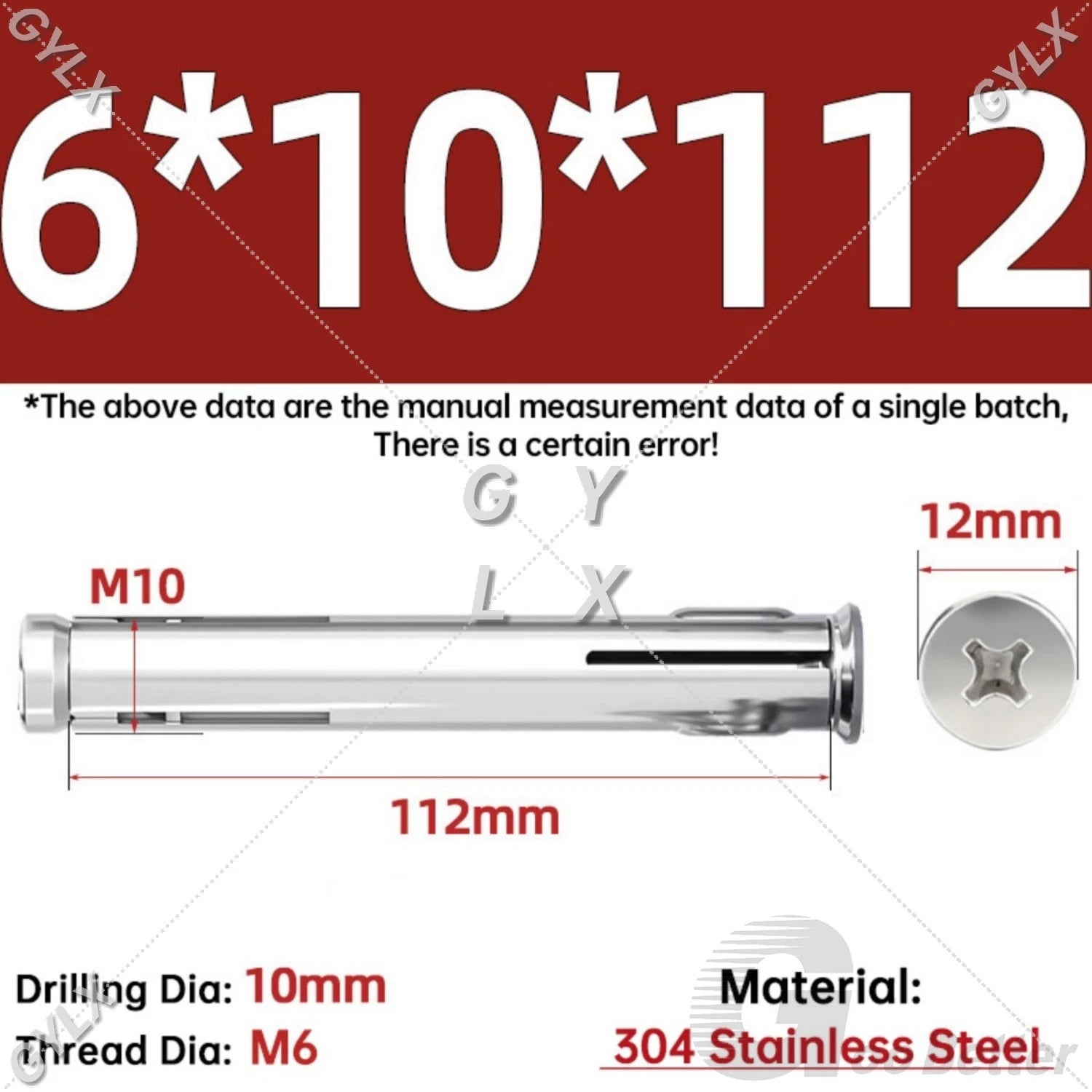 M6 Countersunk Sleeve Anchor Expansion Bolts — 304 / 201 Stainless Steel, Cross Drive