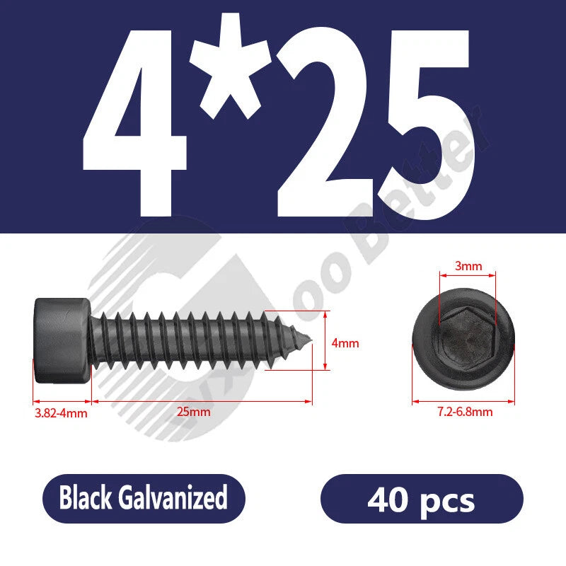 M1.7 M2 M2.3 M2.6 M3 M3.5 M4 M5 M6 Socket Head Self‑Tapping Screws – Alloy Steel, Nickel or Black Zinc