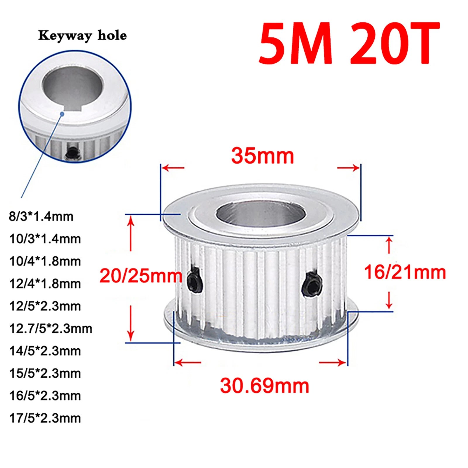 5M Timing Belt Pulley Drive Pulley Through Hole 10T -100 Tooth 21mm Width For 3D