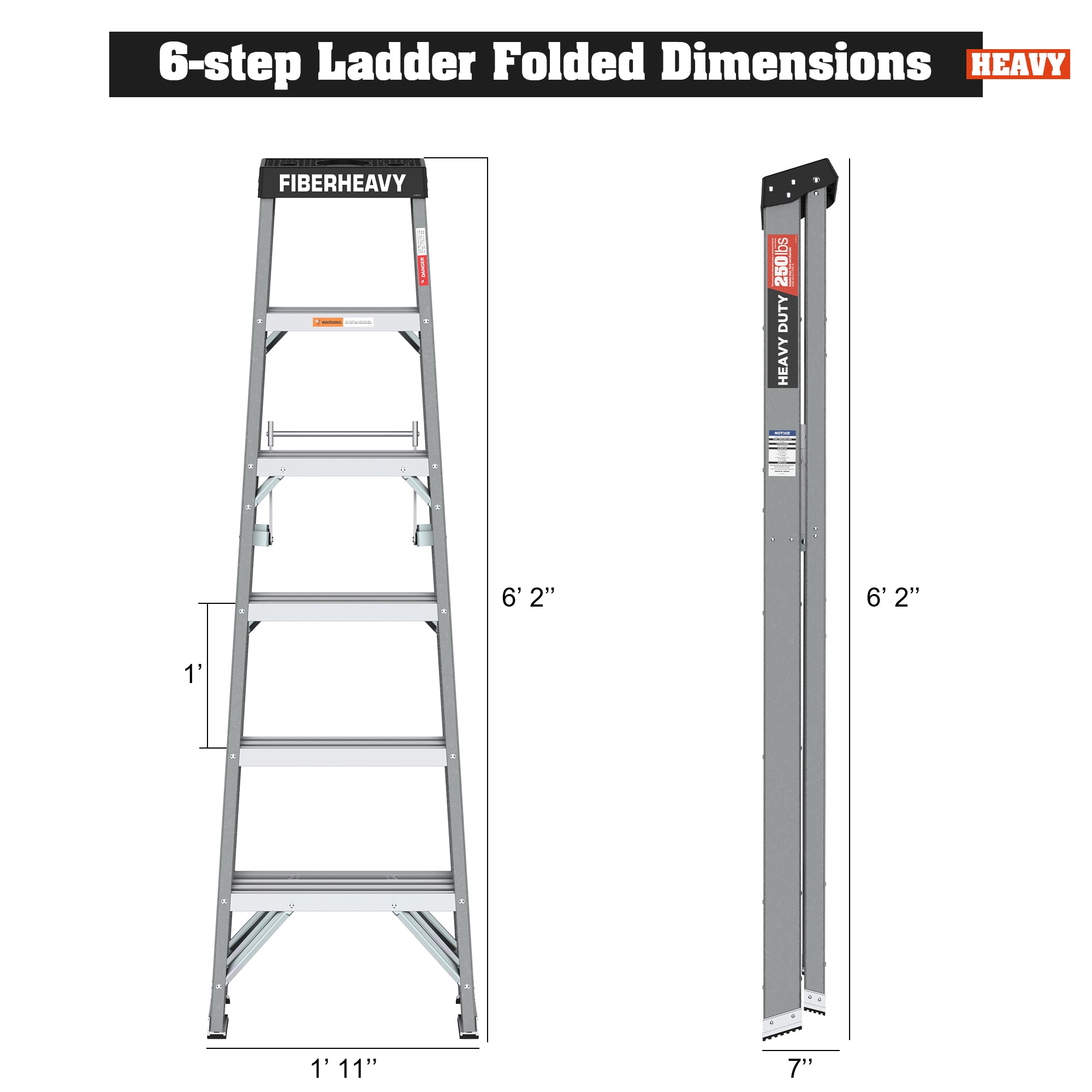 Fiberglass Step Ladder 6-Step 250lbs Gray