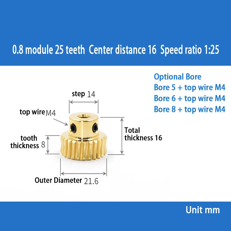 0.8 Module 20T to 60T Gear Copper Worm Wheel Gear & Worm Gear Shaft Bore 5-12mm