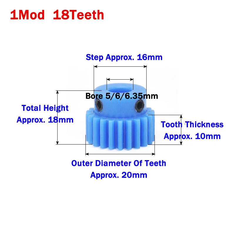 1 Mod Blue Nylon Spur Gear 16-50T Bore 4-20mm Pinion Gear Motor Gear With Step