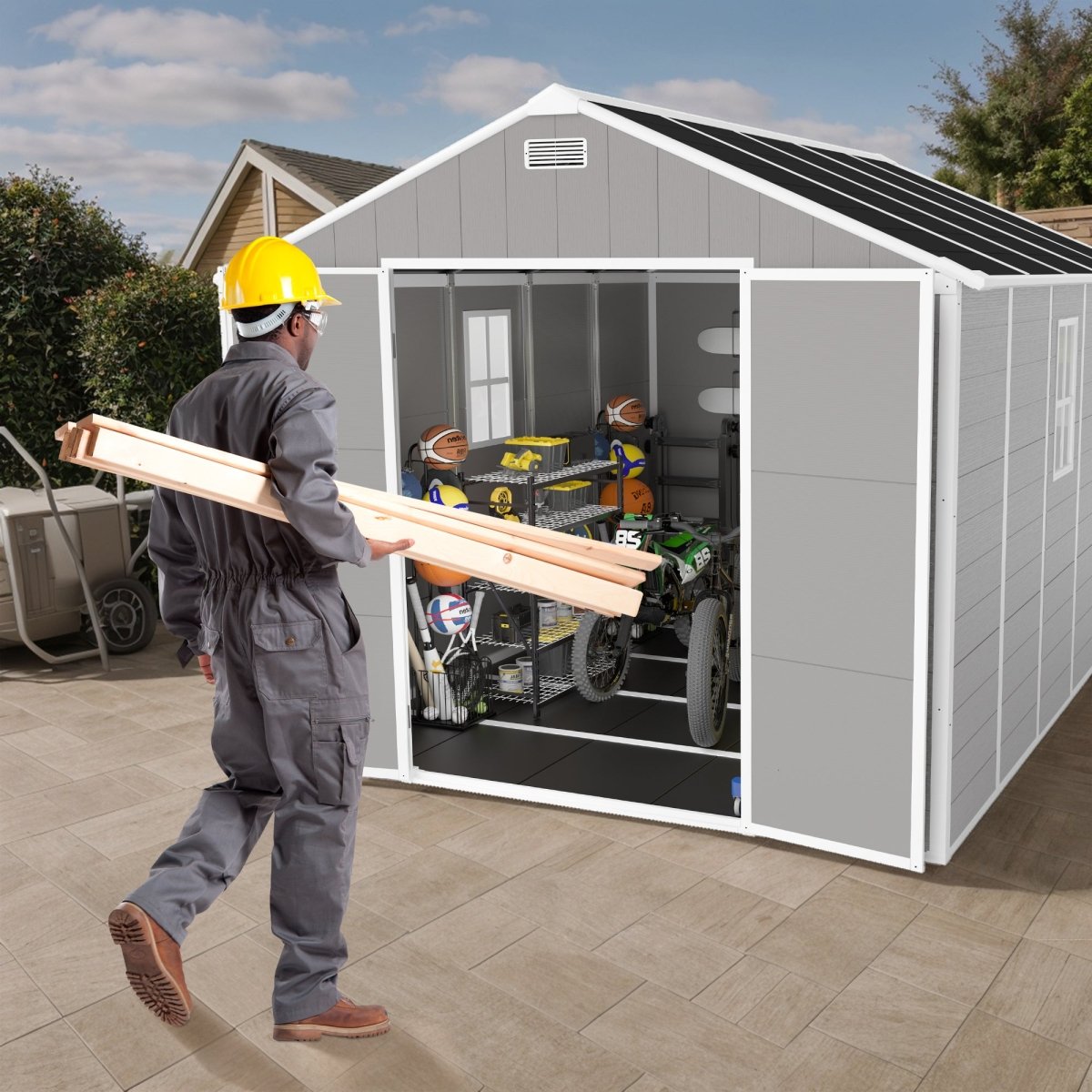 8*10 ft Resin Storage Shed, High Quality Pp Material, Strong Structure, Waterproof, Rust And Uv Proof, Large Storage Space, 12mm Thick Pp Board, Hd Window Lighting - HomeDIYer