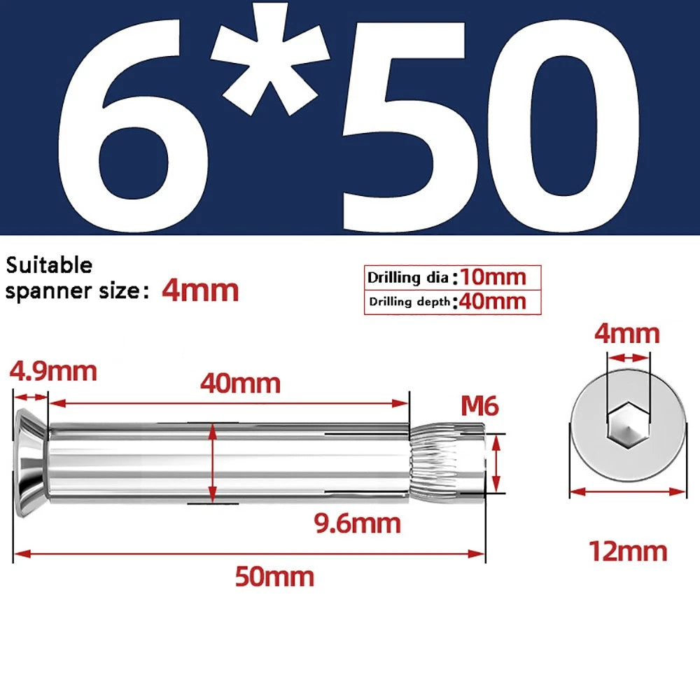 M6–M12 Countersunk Hex Socket Expansion Bolts — 304 & 201 Stainless Steel, A-Type & B-Type