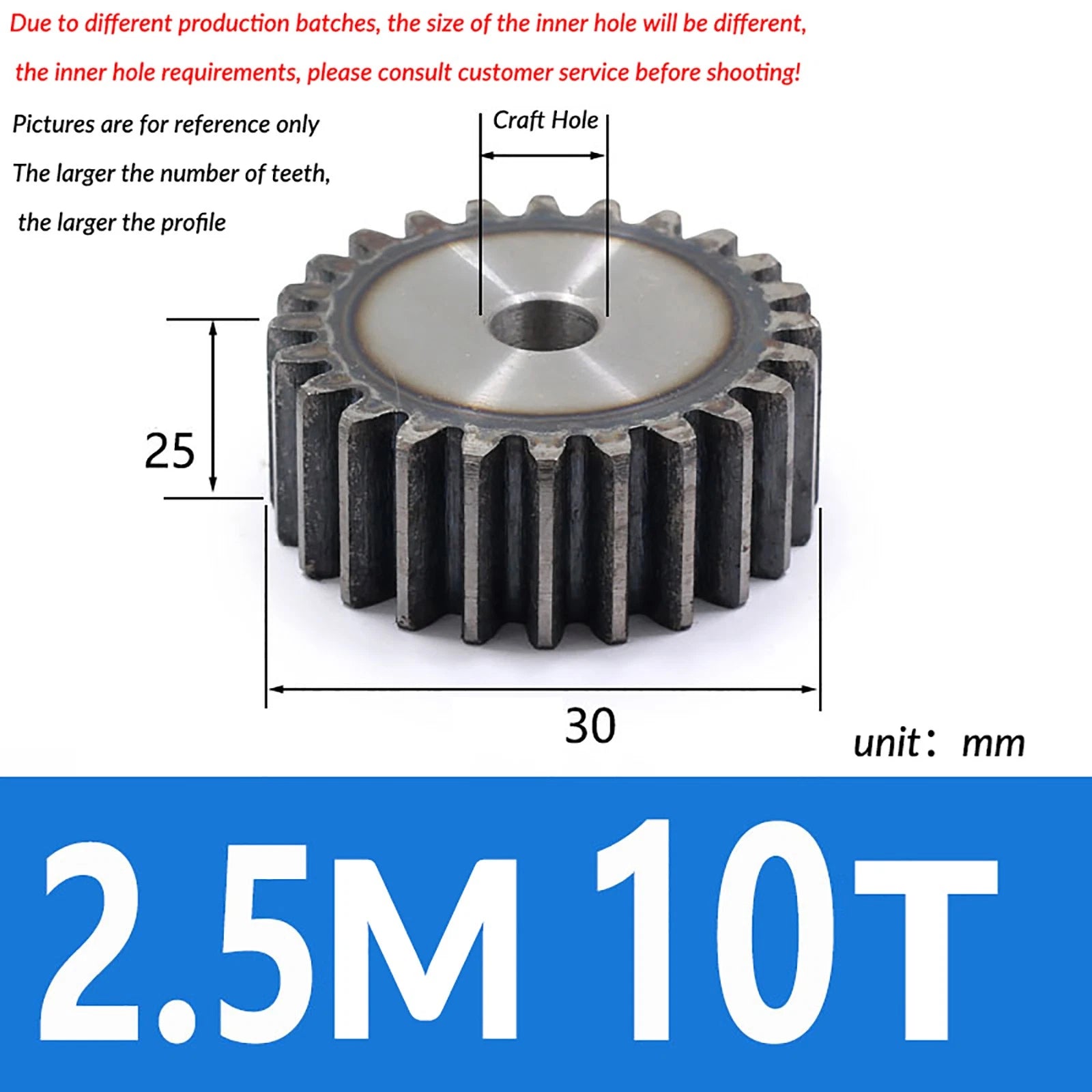 2.5 Mod 10T - 79T Spur Gear 45# Steel Pinion Gear Thickn 25MM Transmission Gear