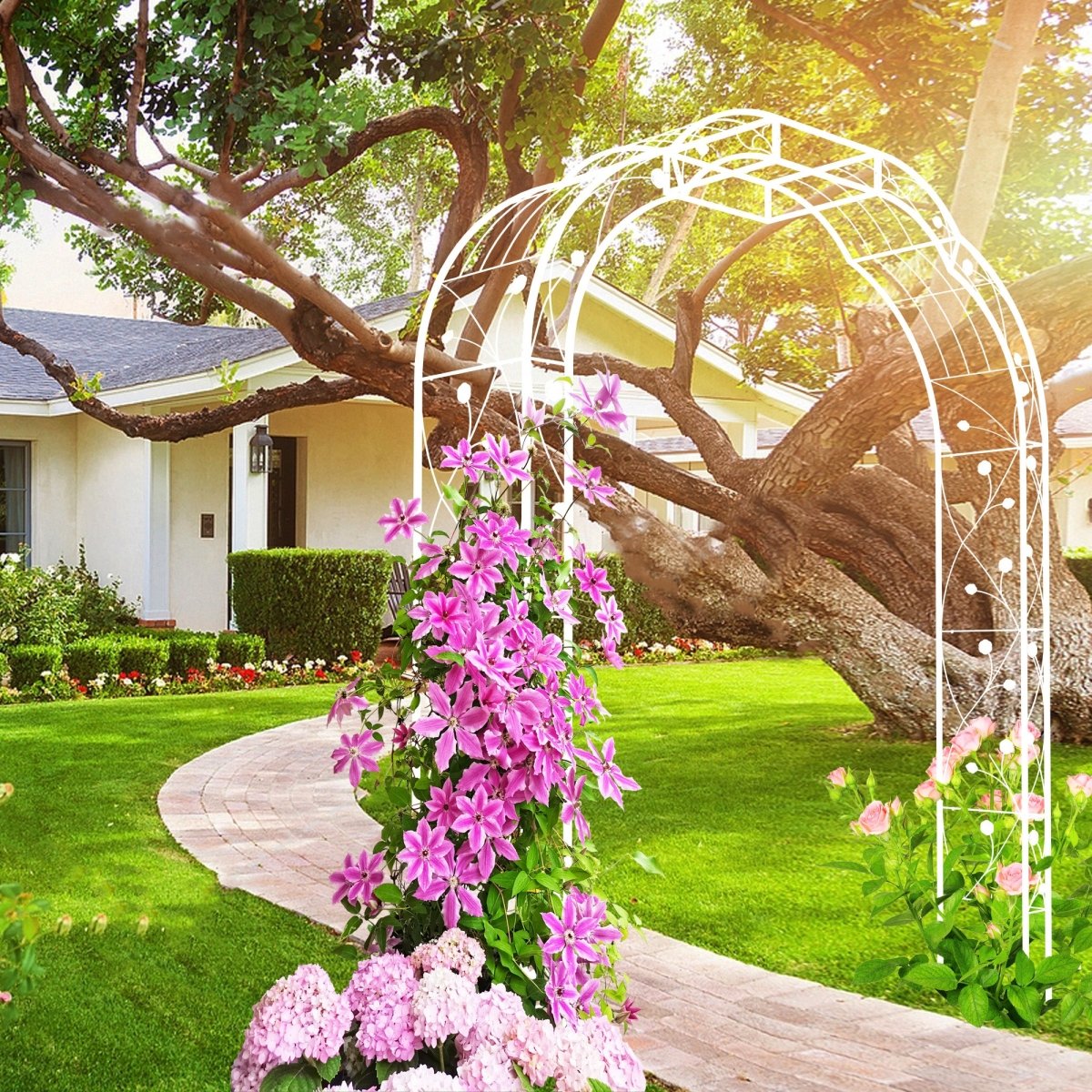 Metal Garden Arch W74.4'' x H98.4'' Garden Arbor Trellis Climbing Plants Support Rose Arch Outdoor Arch Cream White - HomeDIYer
