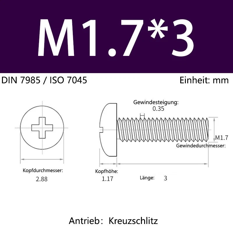 6063 Aluminium Phillips Pan Head Machine Screws DIN 7985 — M1.7 to M6 Metric