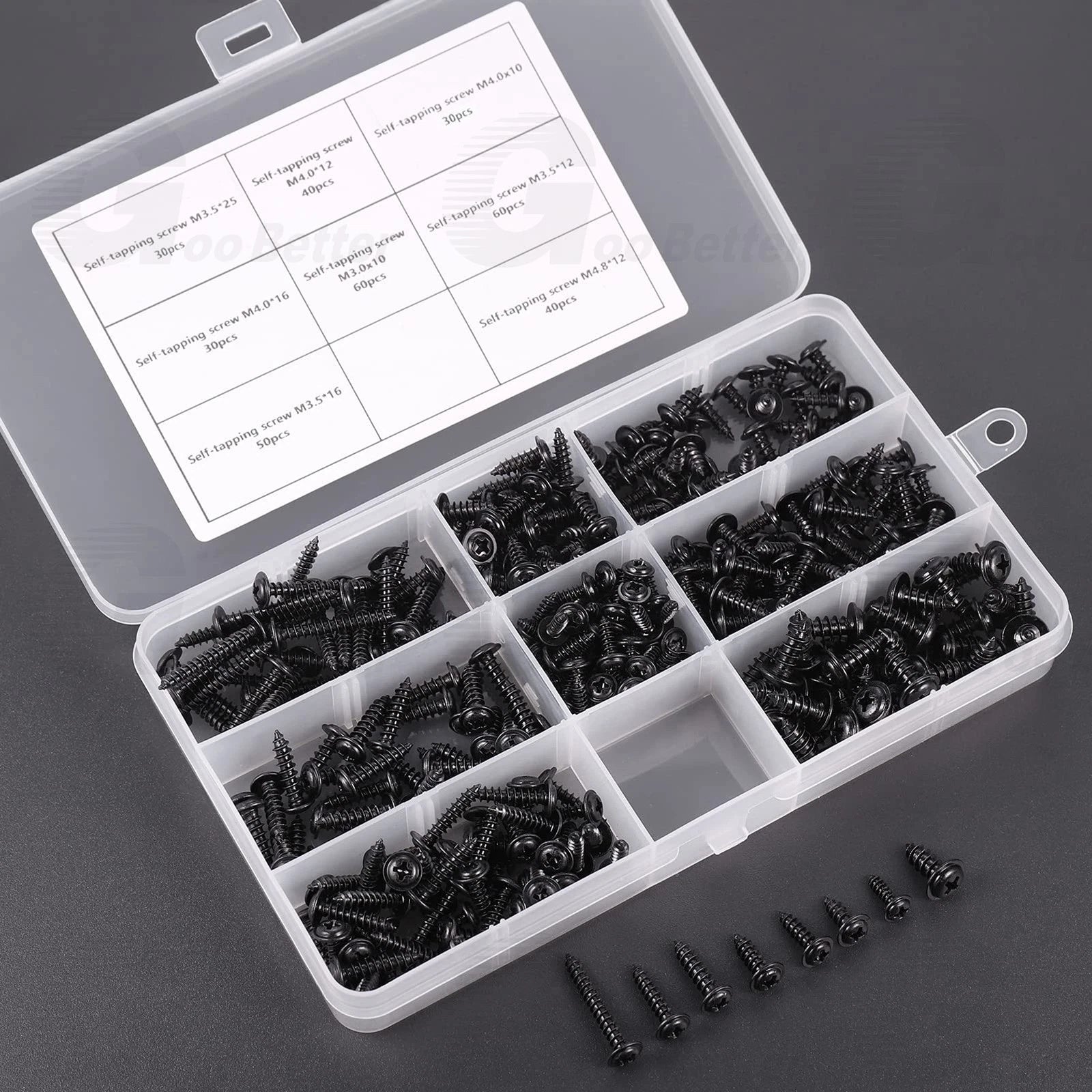 340pcs Phillips Pan Head Self Tapping Screws Kit – M3 M3.5 M4 M4.8, Black Carbon Steel