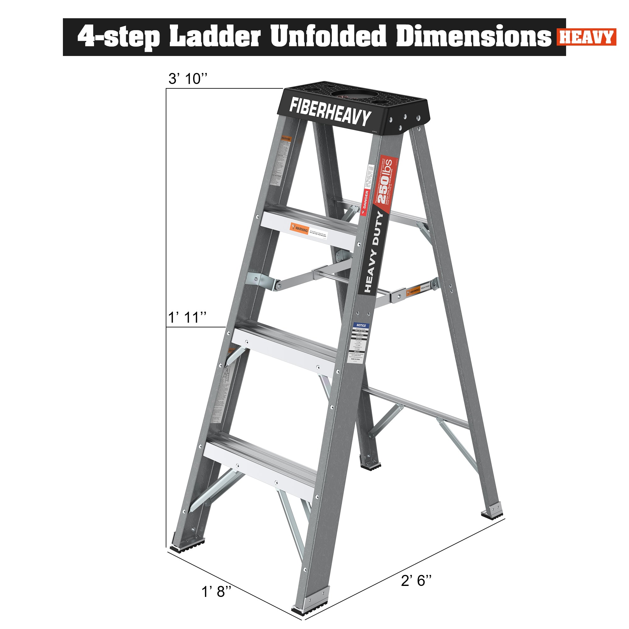 Fiberglass Step Ladder 4-Step 250lbs Gray