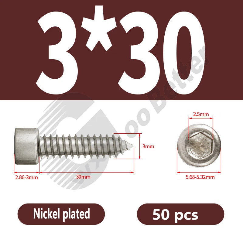 M1.7 M2 M2.3 M2.6 M3 M3.5 M4 M5 M6 Socket Head Self‑Tapping Screws – Alloy Steel, Nickel or Black Zinc
