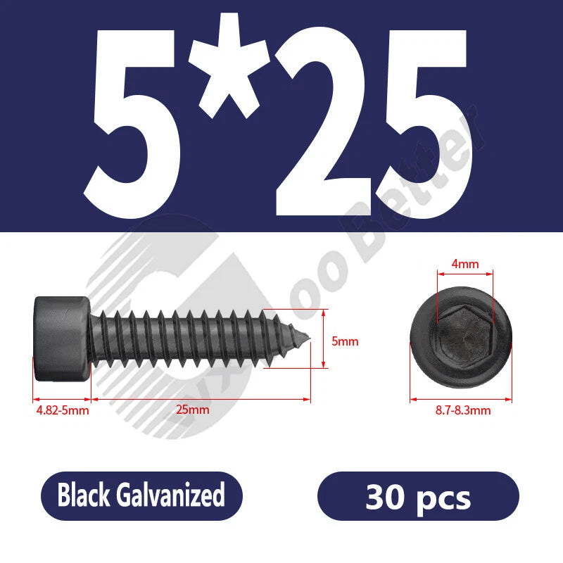 M1.7 M2 M2.3 M2.6 M3 M3.5 M4 M5 M6 Socket Head Self‑Tapping Screws – Alloy Steel, Nickel or Black Zinc
