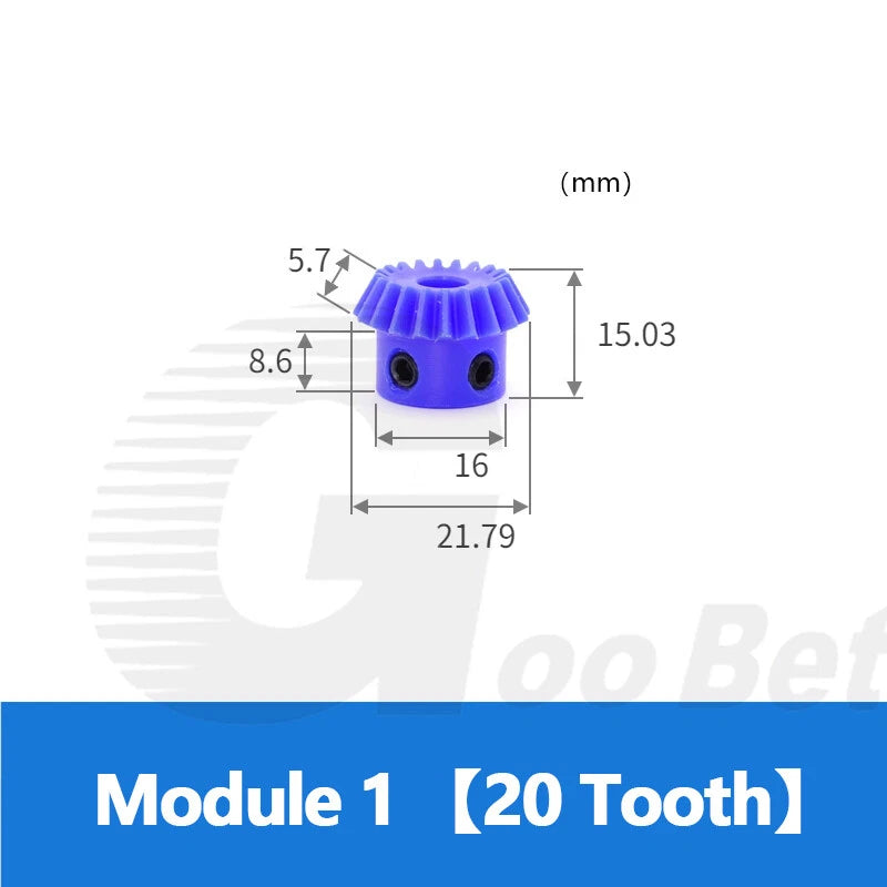 Straight Bevel Gear Module 1 90° 1:2 Pairing 15-40 Tooth 5-12mm Bore Nylon Blue
