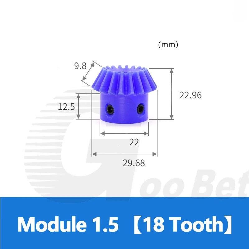 Module 1.5 Straight Bevel Gear Nylon 15 - 40 Tooth 1:2 Pairing 6-20mm Bore Blue