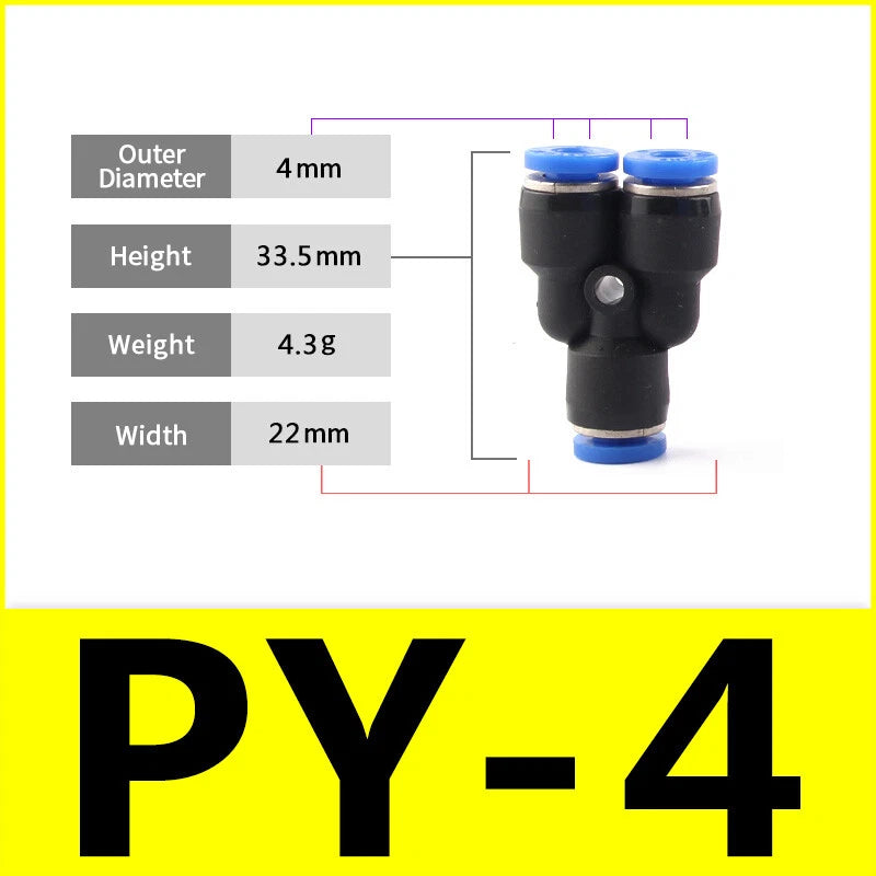 Pneumatic Y Splitter 3-Way Air Hose Fitting — Push-to-Connect, 4mm to 16mm