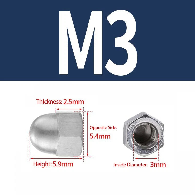 304 Stainless Steel Cap Nuts M3–M12 – Acorn Dome Nuts, Rust-Resistant