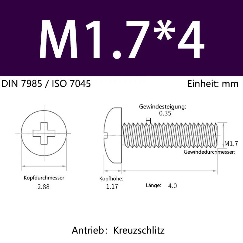 6063 Aluminium Phillips Pan Head Machine Screws DIN 7985 — M1.7 to M6 Metric