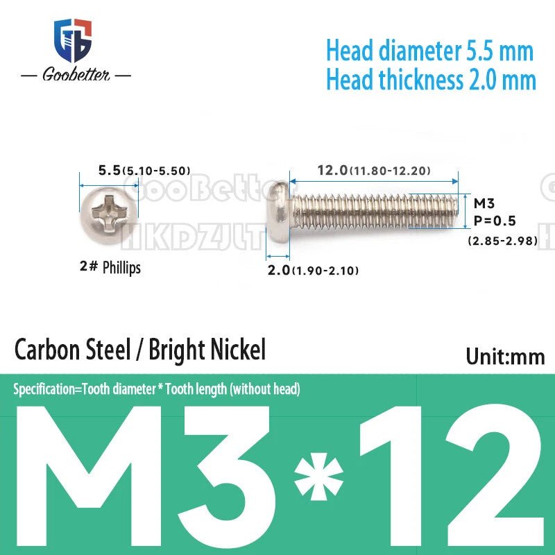 M3 Phillips Round Pan Head Machine Screws — Carbon Steel, 4–30mm, 100–500 PCS - HomeDIYer