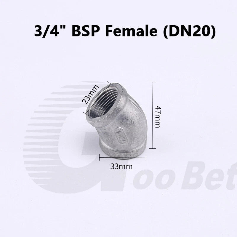 Stainless Steel 45° Elbow BSP Female Threaded Pipe Fitting — 304 SS, 1/8" to 2" (DN6–DN50)