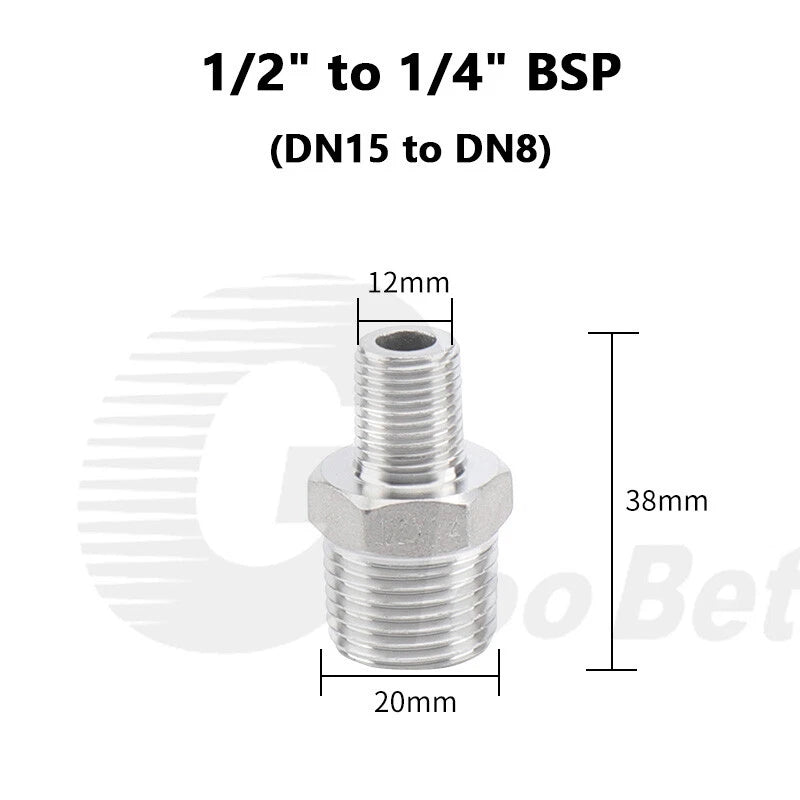 304 Stainless Steel Reducing Hex Nipple BSP Male Thread Pipe Fitting | 1/8" to 2"