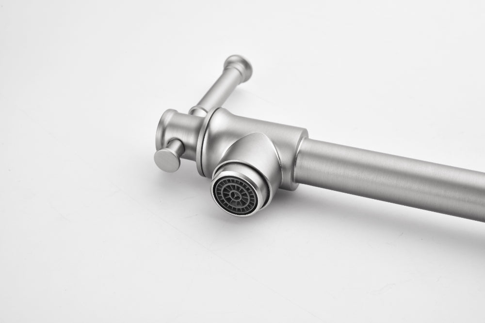 Wall Mounted Pot Filler Faucet โ Brushed Nickel, Two-Attachment Folding Swing Arm, Dual Handle, Solid Brass