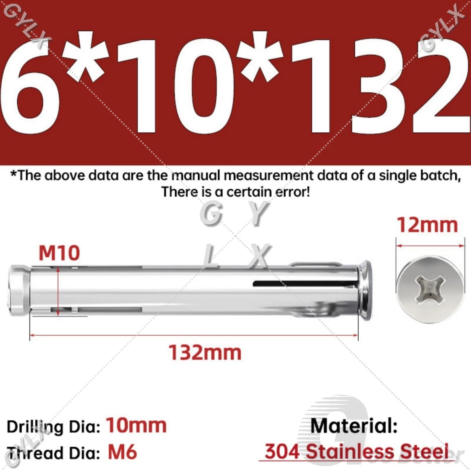 M6 Countersunk Sleeve Anchor Expansion Bolts — 304 / 201 Stainless Steel, Cross Drive