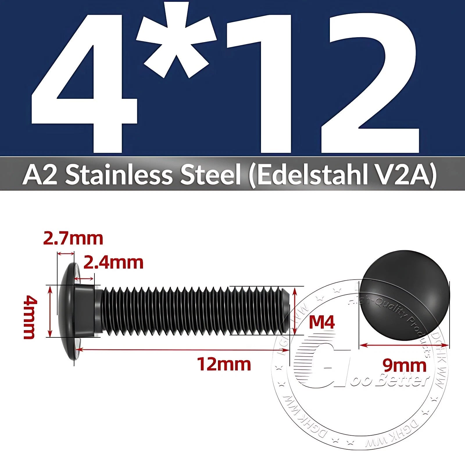 Black Stainless Steel Carriage Bolts M3–M12 | A2 Cup Square Dome Screws