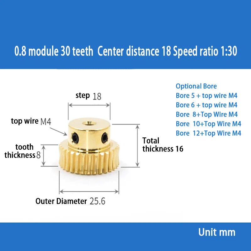 0.8 Module 20T to 60T Gear Copper Worm Wheel Gear & Worm Gear Shaft Bore 5-12mm