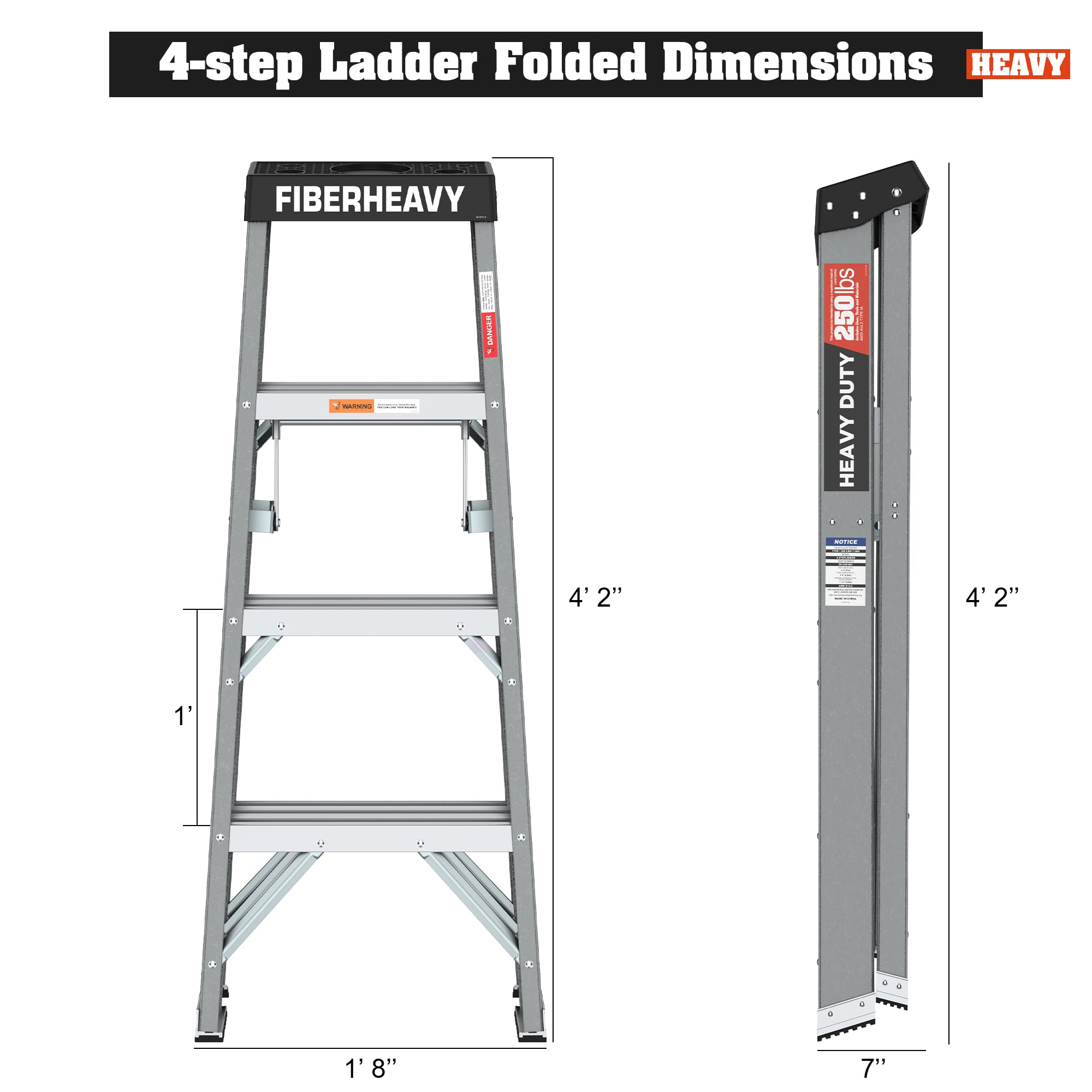 Fiberglass Step Ladder 4-Step 250lbs Gray